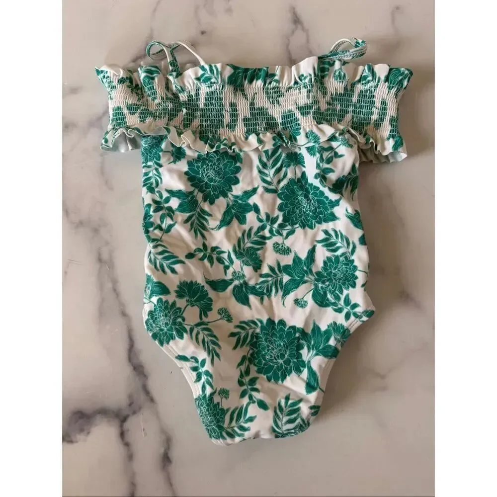 Janie & Jack girls 2T Alhambra white green floral smocked one piece swimsuit col